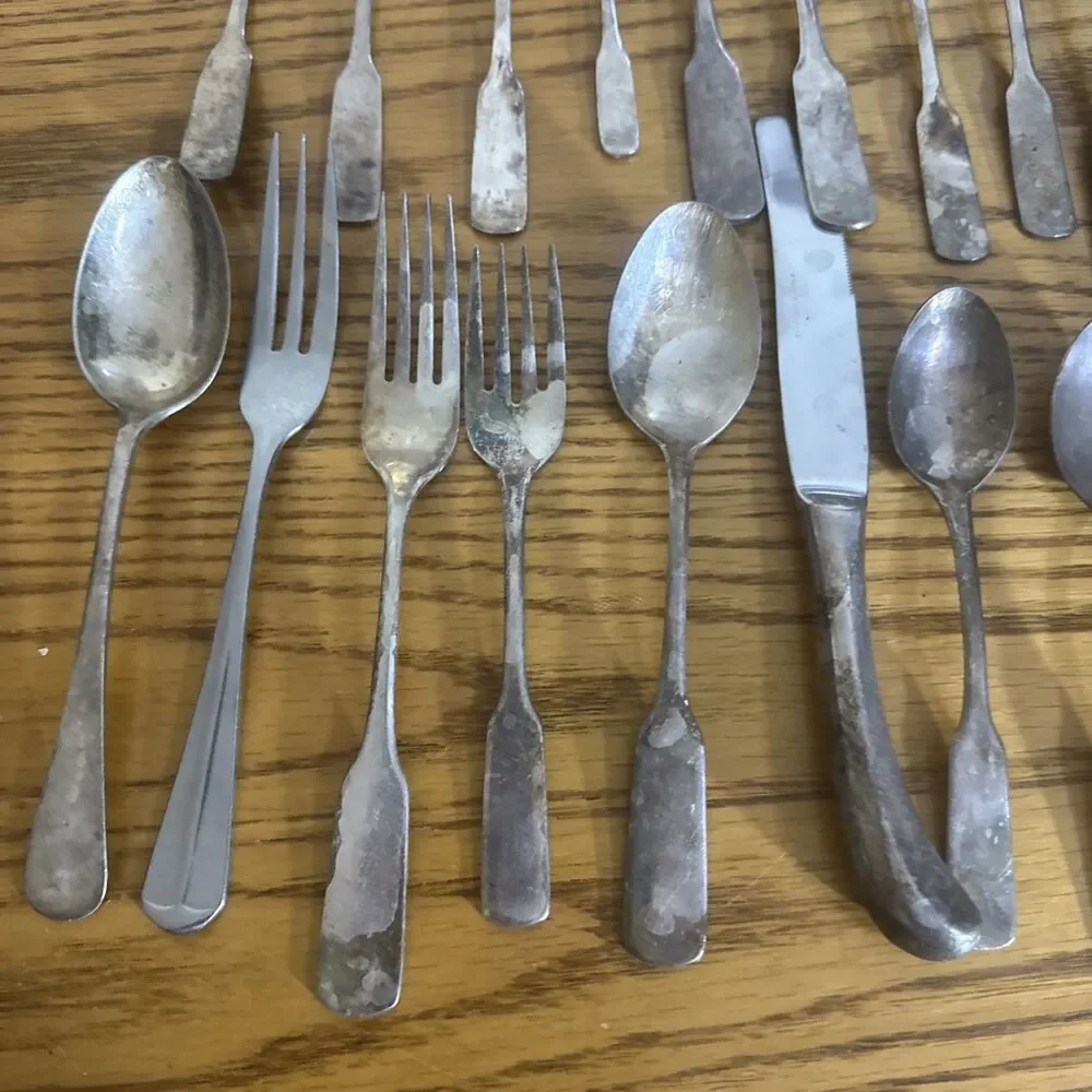 25pc Vintage Silverplate Flatware Lot Fiddle Pistol Grip Mixed Craft Upcycle DIY